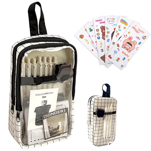 Image of Cute Pen case Adorable Bunny Transparent 3-Layer Large Capacity Pencil Case Gadget organizer with Lovely Stickers (Black Plaid)