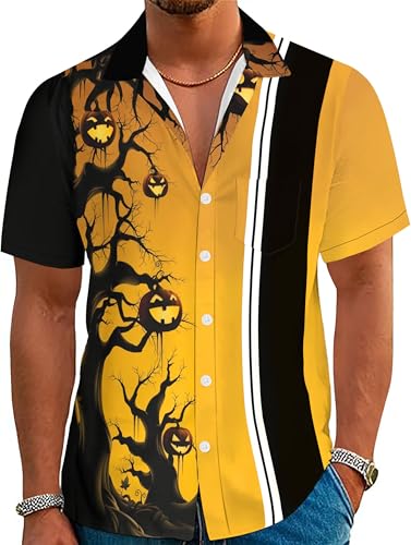 YZMI Halloween Shirts for Men Hawaii Scary Halloween Night Tees Yellow M