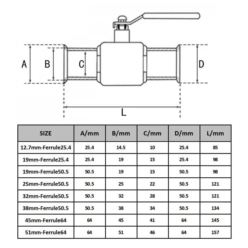 Válvula de bola sanitaria de triple abrazadera 304SS de 1/2" a 2" de puerto completo for alimentos y bebidas(45mm - Ferrule64)