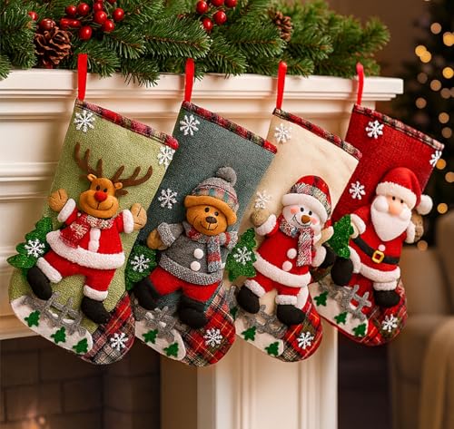PANCA Set of 4 Big Size Christmas Decorations Stocking, 10 Inch Linen Xmas Gift Stockings, Large Hanging Christmas Tree Decoration Items for Xmas Tree, Home Decor, Door, Window, Ornament Wall Decor