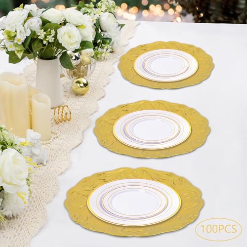 100 Platos Cargadores Antiguos Redondos 13'' Oro miniatura 5