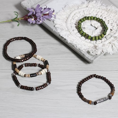 Set de 5 pulseras de cuentas de madera con encanto y borla miniatura 6