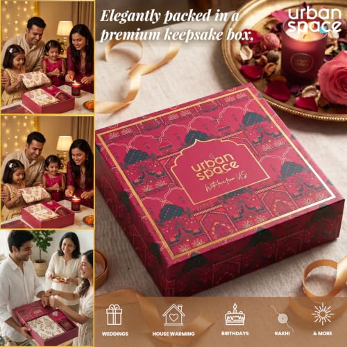 Image of Urban Space Festive Gift Set - 100% Cotton Double Bedsheet with 2 Pillow Covers & Scented Soy Wax Candle, Premium Gift Box, Motif Red, Diwali, Housewarming & Festive Home Decor Gift
