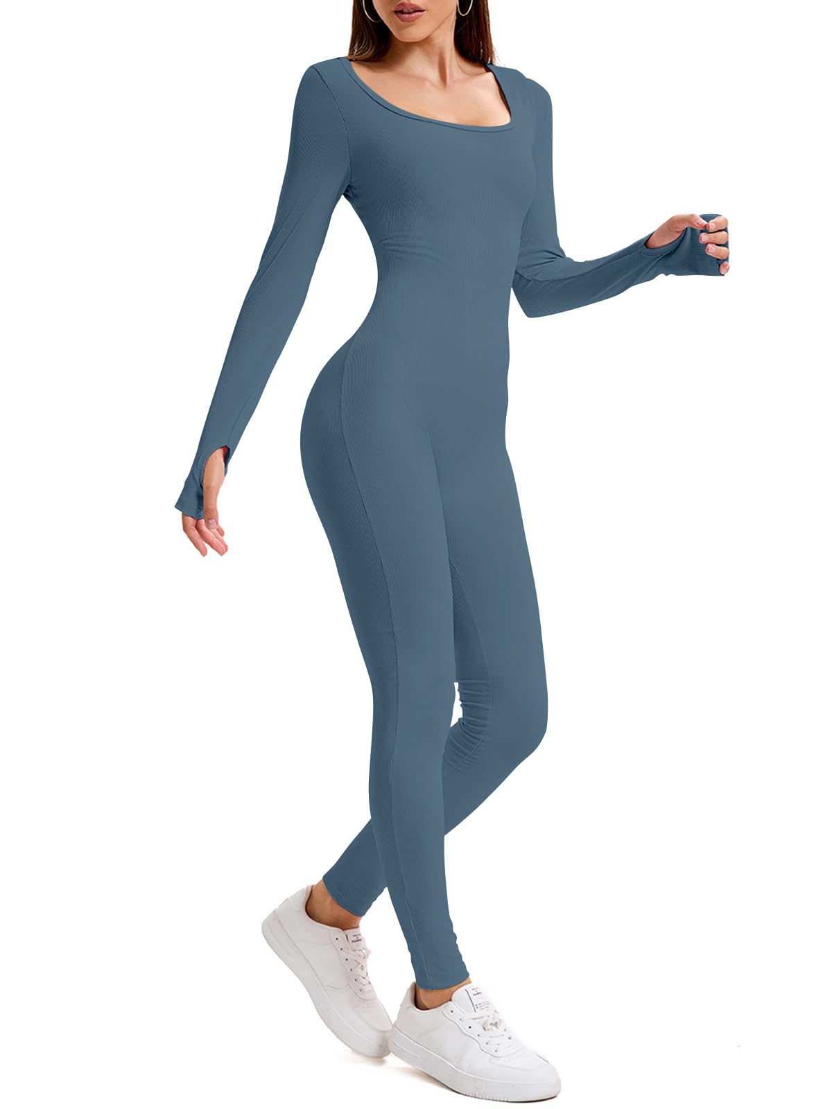 OOHOKAY Jumpsuit Damen Lang Eng Yoga Bodysuit Stretch Shape Langarm Sport Hohe Taille Overall