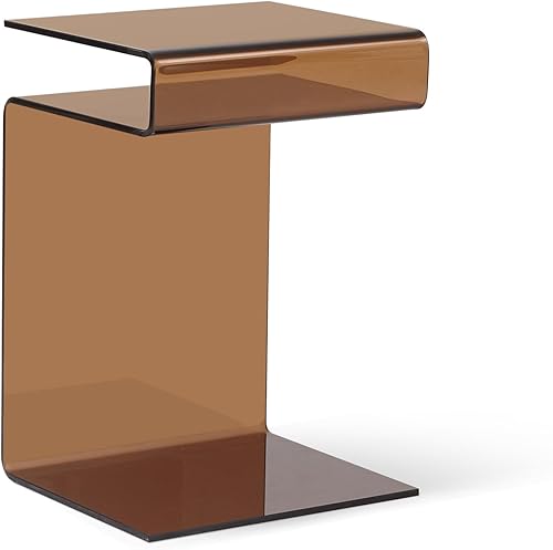 Miniatura 5 de Mesita de noche de cristal, mesa auxiliar, mesa auxiliar en forma de S para sala de estar, mesita de noche para dormitorio (marrón)