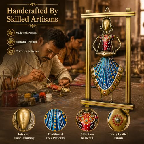 Image of iHandikart Handmade Metal Wall Art| Traditional Rajasthani Lady Wall Hanging Decor | Hand-Painted Iron Wall Sculpture with Stone Work | Home Decor for Living Room & Bedroom Office | 13 x 7 Inch