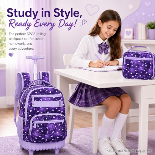 Image of 3Pcs Rolling Backpack for Girls, 19 inch Kids Wheeled Bookbag with Lunch Box, Roller Bag for Elementary Travel (Purple)