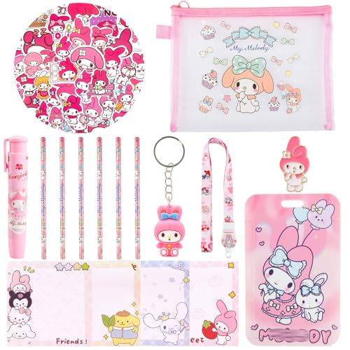 Kawaii School Supplies, Cute Stationary Set, Including Stickers, Pencils, Pen-Style Eraser, Sticky Note, Lanyard with ID Badge,Brooch,Back to School Gift for Girls Boys Kids