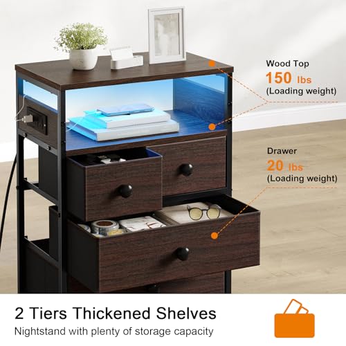 Image of REAHOME Nightstand with Charging Station and LED Light, Tall Brown Night Stand with 4 Drawers and 2-Tier Shelf, Modern End Table with Wooden Top for Bedroom, Living Room, Hallway - Rustic Brown