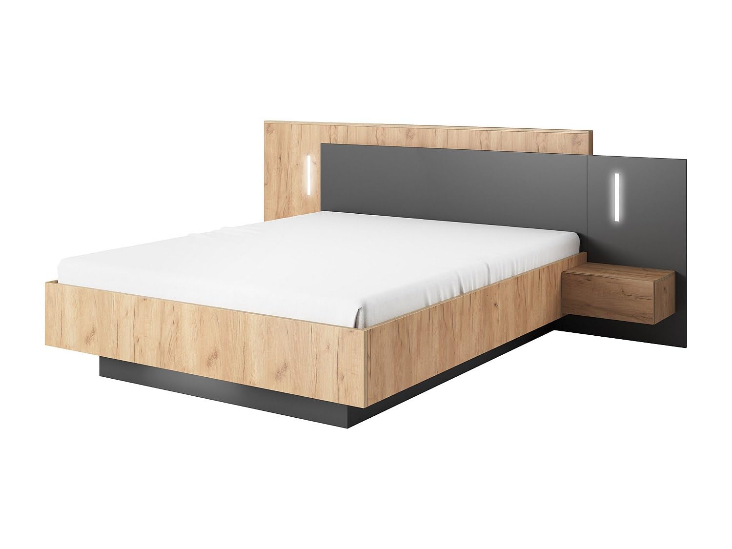 Vente-unique - Lit avec Tables de Chevet 140x190 cm - 2 tiroirs - avec LED - Couleurs : Naturel et Anthracite - FRANCOLI