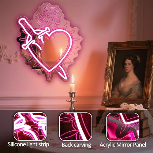 Image of Heart Shaped Mirror Neon Sign, LED Vanity Wall Light for Makeup Table, Bedroom or Dressing Area, Romantic Wall Decoration with Adjustable Brightness, 17.3 inch x 14.7 inch