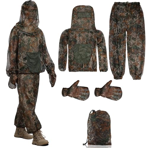 PELLOR Mosquito Suit for Men Women - 3Pcs Camouflage Bug Clothing with Adjustable Cuffs Waist Ankles - Breathable Mesh Net Jacket Pants Gloves - Outdoor Protection from Bugs Flies Gnats No-See-Ums