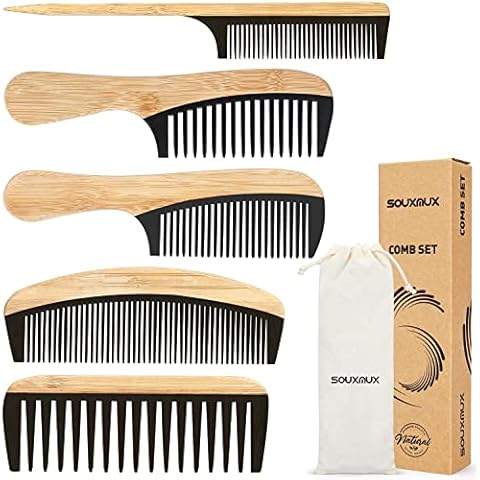 5 Pcs Comb set for Women Men Natural Handmade Bamboo Anti-Static Wide Tooth Comb Rat Tail Combs Fine Tooth Combs Set for Long Short Thick Thin Wavy Curly Hair Hairdetangling Comb… (Natural +Black) Cover