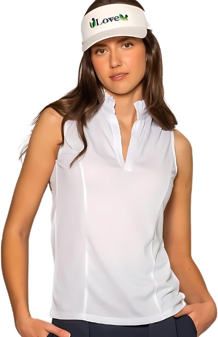 Ellie Day Performance Mesh Ruffle Collar Sleeveless Top in White UPF, Recycled