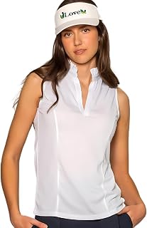 Ellie Day Performance Mesh Ruffle Collar Sleeveless Top in White UPF, Recycled