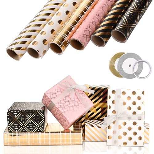 6 Rollen Geschenkpapier Set, 3m x 43cm Geschenkpapier Gold Schwarz Rosa Geschenkpapier Geburtstag mit Schleifenband Klebeband für Hochzeit, Kindergeburtstag, Babyparty, Abschluss, Kommunion