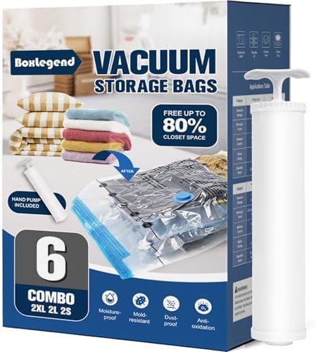 BoxLegend Vakuumbeutel 6 Stück 3L*80x60cm, 3M*70x50cm, Vakuum Aufbewahrungsbeutel Reise Vakuum Wiederverwendbar Kleiderbeutel für Kleidung Bettdecken Bettwasche Kissen Wolldecken,1