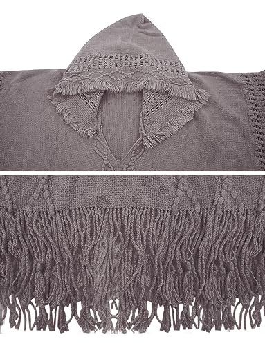 FEOYA Women's Hooded Poncho Sweater with Decorative Buttons Fringe Wraps Knit Tassel Pullover3