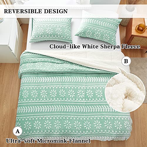 Luxury Flannel Fleece Sherpa Comforter Set 3 Pieces Twin Size, Jacquard Striped Flowers Down Alternative Comforter, Ultra Soft And Warm Bedding Set For Kids (1 Comforter + 2 Pillowcases, Green) #TOP2