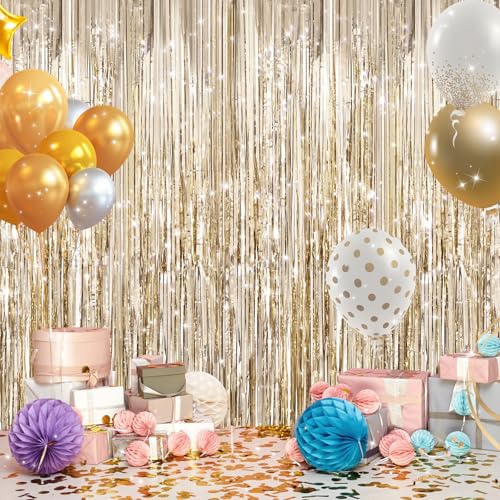 Image of 2Pack Champagne Gold Foil Fringe Backdrop Curtains, Tinsel Door Streamers, Fringe Backdrop for Graduation New Years Eve, Graduation, Birthday, Wedding, Baby Shower, Gender Reveal, Disco Party Decors