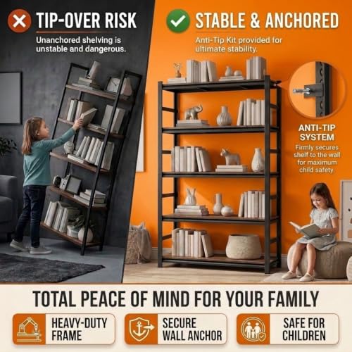 Image of 6 Tier Book Shelf, Adjustable Tall Bookcase with Storage Shelves