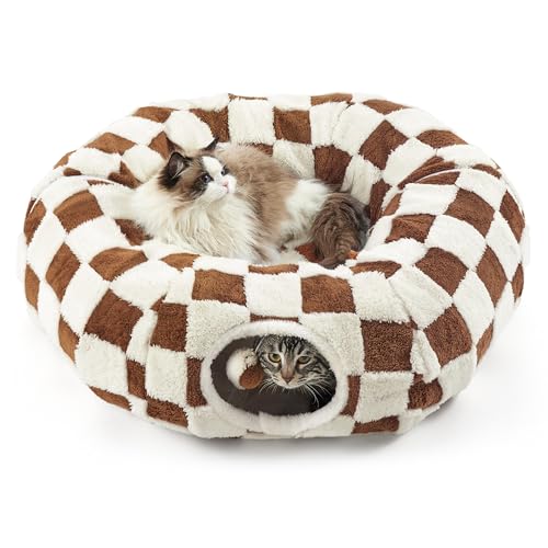 Image of Lesure Cat Tunnel Bed for Indoor Cats - Cute Cat Donut Tunnel Toys for Small Large Cats with Washable Circle Cushion, Round Pet Peekaboo Cave Toy for Kitten /Puppy /Rabbit, Standard Brown Checks