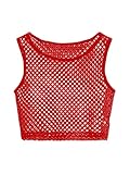Hilinker Women's Sheer Mesh Sleeveless Crop Tops Hollow Out Fishnet Tank Tops Red Large