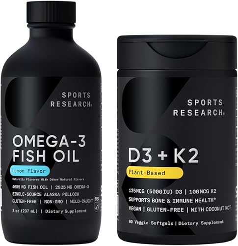 Sports Research Aceite de pescado líquido omega-3 ultra potente (8 onzas) + vitamina D vegana 5000iu y vitamina K Mk7 100mcg (60 cápsulas blandas)