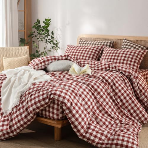 Image of BESTOUCH Gingham Cotton Duvet Cover Set Fired Brick Red Full | Washed Cotton, Linen Feel, Soft Wrinkle Texture, Hidden Zipper, 8 Ties, Breathable Lightweight Durable Comfy, 3 Pcs No Insert