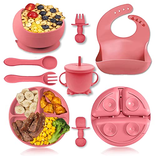 Image of MAXTIL 8 Pcs Baby LED Weaning Supplies, Baby Feeding Supplies Set Silicone Suction Plates For Baby And Baby Bowl with Straw and Lid