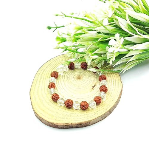 Clear Quartz & Rudraksha Beaded Bracelet – Natural Healing Stones for Clarity, Spiritual Protection & Inner Peace, Yoga for Men & Women, Adjustable Size - Image 3
