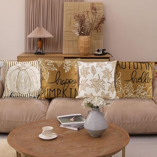 Heirloom Haven HH-ST554M1P1 Hello Autumn Pumpkin Maple Leaf Throw Pillow Covers 18X18 Set Of 4 thumb #6