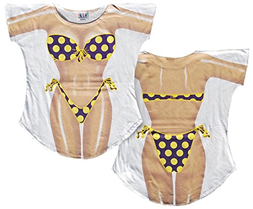The Original Women's Bikini Shirt - Funny Bikini Print Bathing Suit Cover-up Beach Tshirt Dress for Women Men (Yellow Polka Dott, One Size)