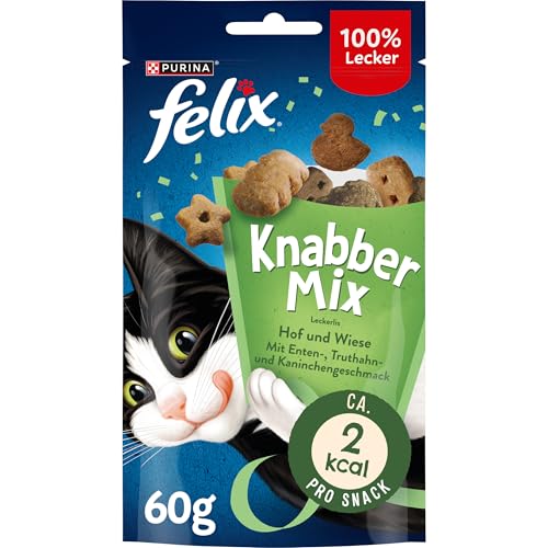 Felix KnabberMix Hof und Wiese Katzensnack Knusper-Leckerlie mit 3 Geschmacksrichtungen 8er Pack (8 x 60g)