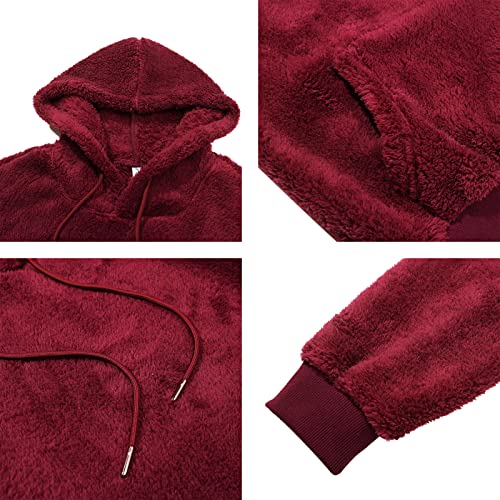 Pegeno Mens Fuzzy Sherpa Hoodie Pullover Sweatshirts Loose Cozy Pocket Long Sleeve Winter Hooded Outwear（Wine Red Large） #TOP5