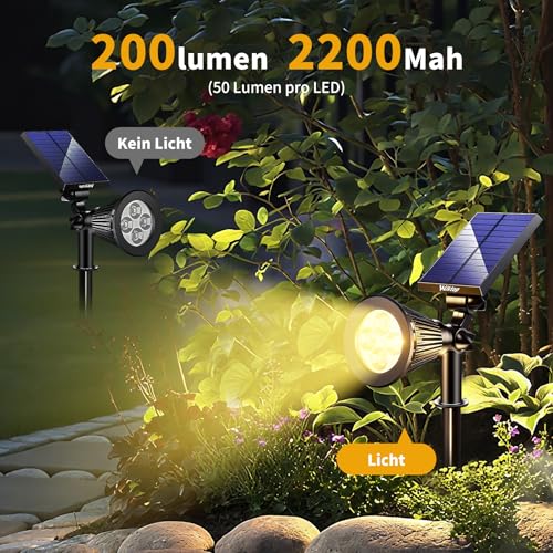 Wilktop Solarstrahler für Außen,LED Solar Strahler Solarleuchte Landscape 3th Version Superhelle Spotlight Solarbetriebene; Wasserdicht für die Hinterhöfe, Gärten, Rasen usw(2er;Warmweiß)