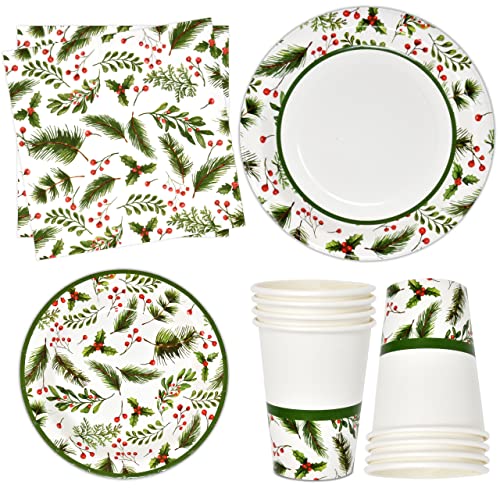 Christmas Party Supplies Tableware Set Serves 24 Holiday Disposable Dinnerware with Plates Cups and Napkins Festive Seasonal Holly Design for Christmas Celebrations
