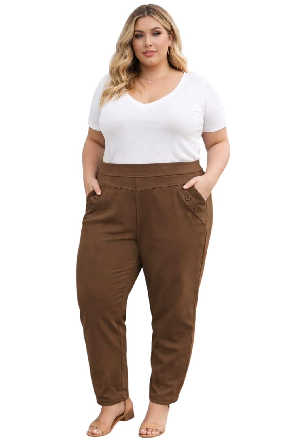Women's Plus Size Brown High Waist Casual Trousers | Stretchable Ankle Length Regular Fit Pants | Comfortable Daily Use Bottoms with Pockets for Office, Travel, Work & Casual-image-24