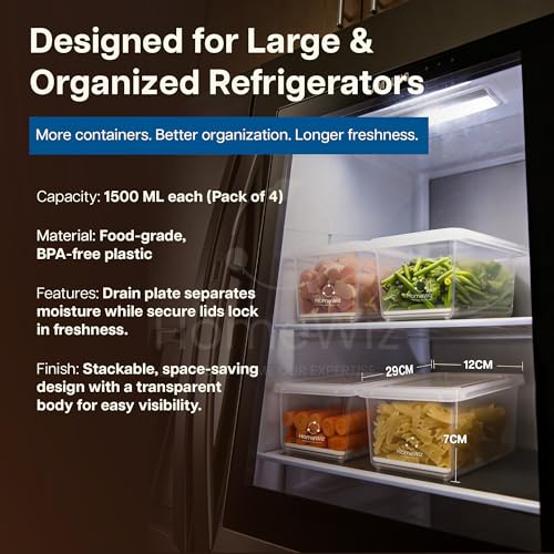 Image of HomeWiz Fridge Storage Containers 1500ml x10|Air Tight Storage Container Set with Removable Drain Plate|Fridge Organiser Storage Boxes|Food Grade Plastic Containers, Stackable for Fruits & Vegetables