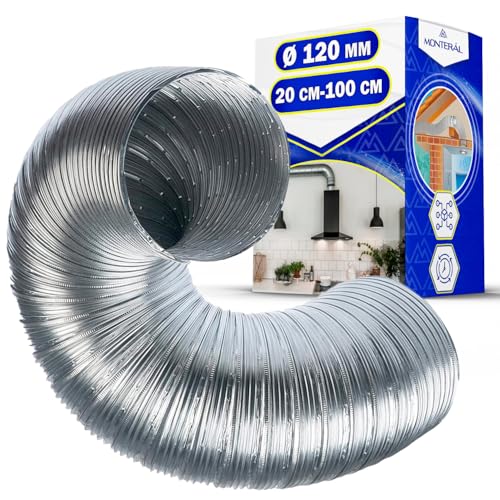 Alluminio Tubo Flessibile Aspirazione Cappa Diametro 120 mm Lunghezze Estensibili 20 cm - 100 cm Resiste a Temperature Fino a 300°C - Garanzia di 10 Anni - MONTERAL
