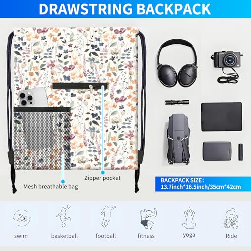 Drawstring Backpack Sports Gym Bag, Large String Swim Bag for Beach With Water Bottle Mesh Pocket, Cute Gym Sack with Zipper Pocket for Men Women Boho Flowers4