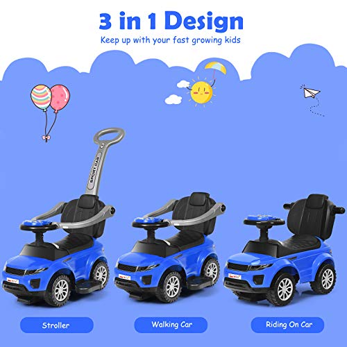 Image of Costzon 3 in 1 Ride on Push Car, Stroller Sliding Walking Car with Horn, Music, Light, Under Seat Storage, Parental Handle, Armrest Guardrails, Ride on Toy for Boys & Girls (Blue)