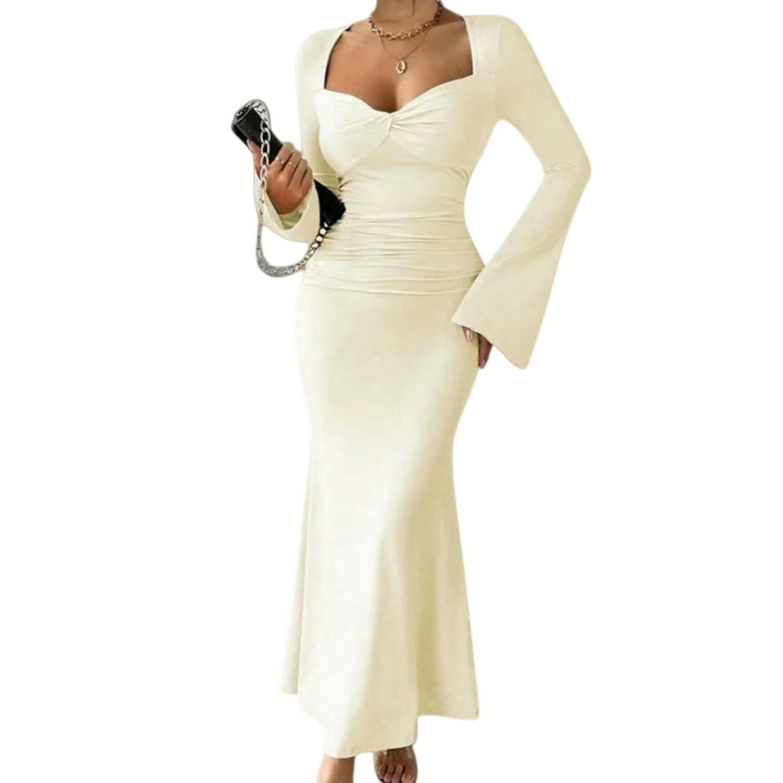 Vestito Elegante Abito Maxi Bodycon in Abricotto - Cullo con Maniche Flare per Festa, Sera E Indossamento Casual-Apricot-s