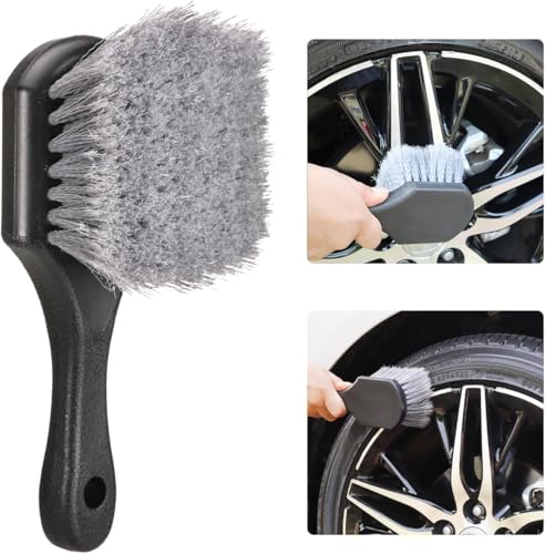 Image of Wheel & Tire Brush for Car Rim, Soft Bristle Car Wash Brush, Cleans Tires & Releases Dirt and Road Grime, Short Handle for Easy Scrubbing Black