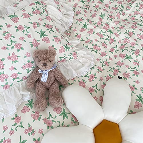 Image of VM VOUGEMARKET Girls Ruffle Bedding Set Twin XL 3 Pieces Pink Flower Duvet Cover Set with Lace Edge-100% Cotton Elegant Princess Style Comforter Cover-68x90 Inch