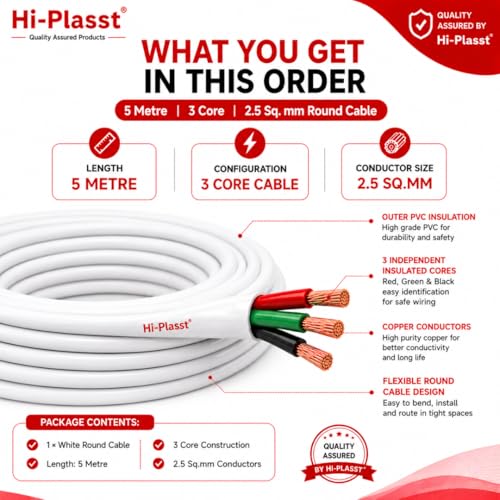 Image of Hi-Plasst 5 metre 2.5 Sq.mm 3 Core Round Electrical Cable | Copper Flexible Wire with PVC Insulation | Power Cable for Air Conditioner, Water Heater, Washing Machine, Inverter & Home Wiring