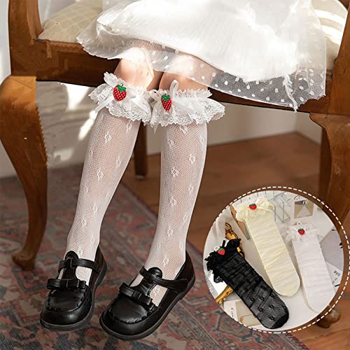 Kids Girls Floral Lace Knee High Socks Ruffle Strawberry Stockings3