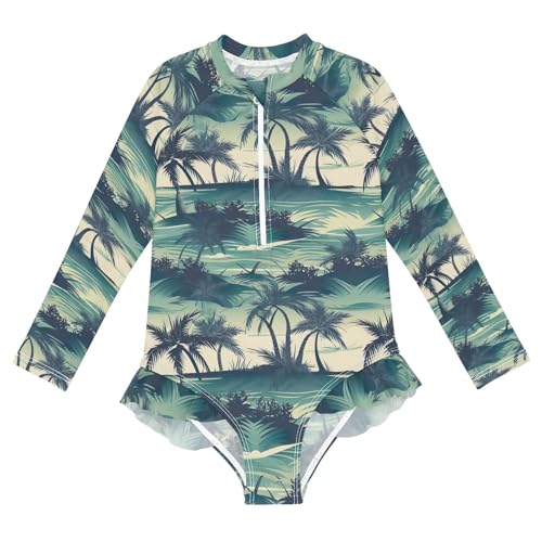 Tropical Palm Trees Ocean Island Girls Long Sleeve Swimsuit Rashguard Swimwear One Piece Bathing Suit 21217520