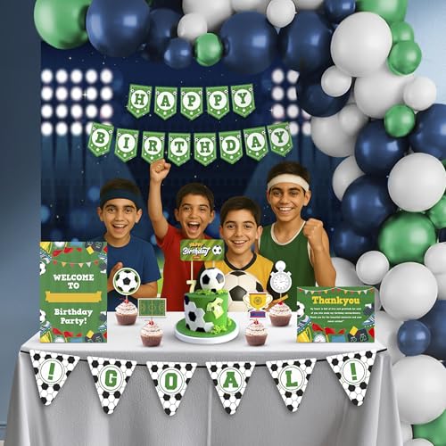 Image of Just Party Football Theme Party Decoration - 100 pcs Happy Birthday Decoration Kit for Kids | Soccer Theme Birthday Decoration Items for Boys & Girls |Includes Balloons, Backdrop Curtain, Props