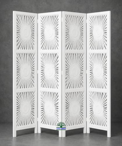 Image of Wooden Room Divider Partition for Living Room | Foldable 4 Panel Decorative Privacy Screen Separator for Home, Office & Bedroom | Modern Natural Brown (Sun White)
